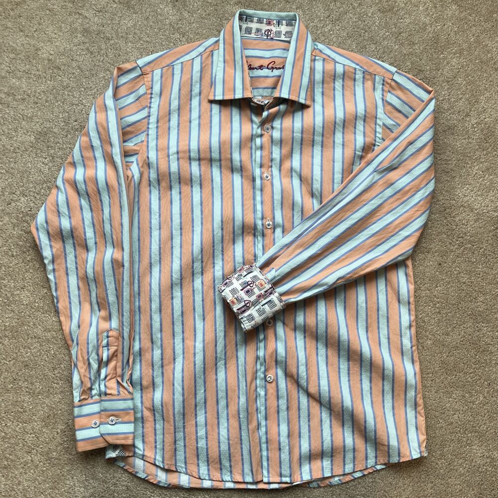 Robert Graham Button Down Shirt Boy Large 14-16 Flip Cuff Guitars Striped Easter